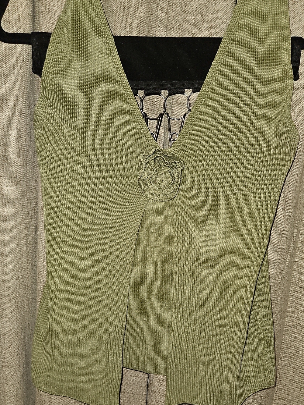 Olive Green Ribbed Halter V-Neck Tank with Flower Accent - Picture 2 of 5